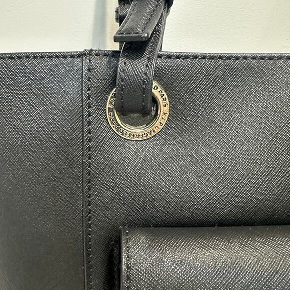 Karl Lagerfeld Black Saffiano Leather Tote Handbag Purse - Adjustable Straps - Picture 3 of 12